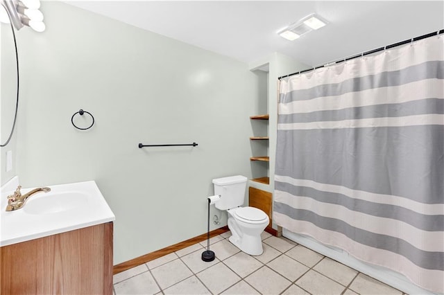 full bath with tile patterned flooring, toilet, visible vents, vanity, and baseboards