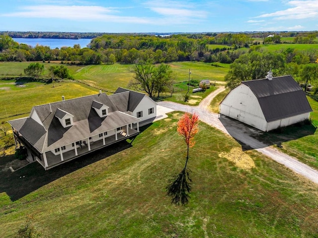 aerial view featuring a water view and a rural view