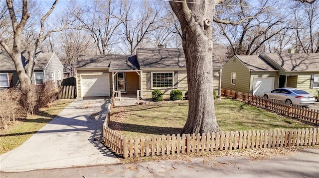 view of front of house featuring a front yard, fence, driveway, an attached garage, and a chimney