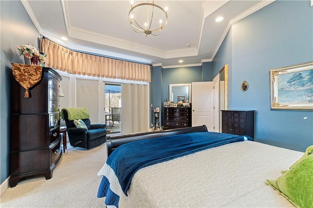 bedroom featuring a chandelier, recessed lighting, a tray ceiling, and carpet floors