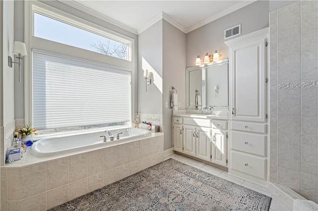 bathroom with vanity, visible vents, ornamental molding, tile patterned floors, and a bath