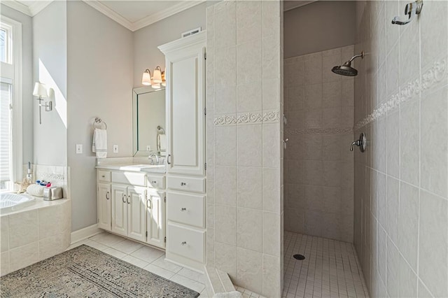 full bathroom with vanity, a garden tub, tile patterned flooring, walk in shower, and crown molding