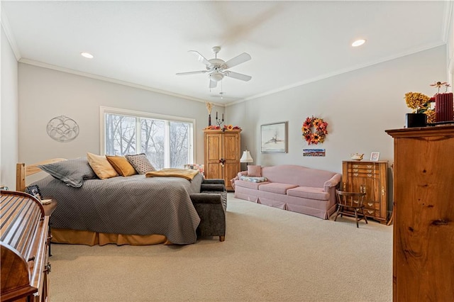 bedroom with recessed lighting, a ceiling fan, ornamental molding, and carpet flooring