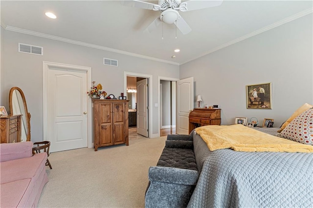bedroom with crown molding, light colored carpet, and visible vents