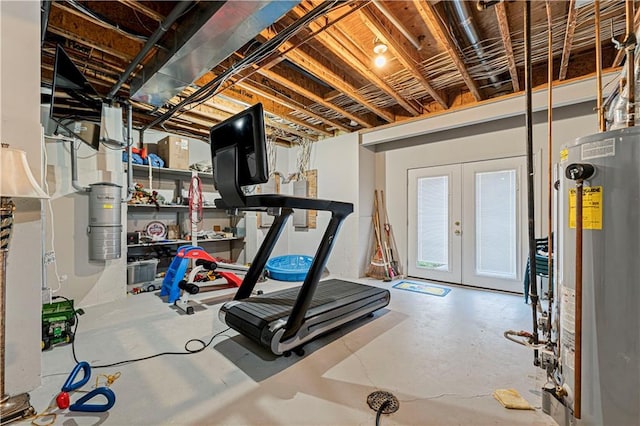 workout area with gas water heater and french doors