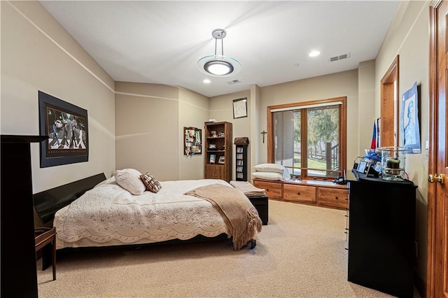 bedroom with recessed lighting, visible vents, and carpet flooring