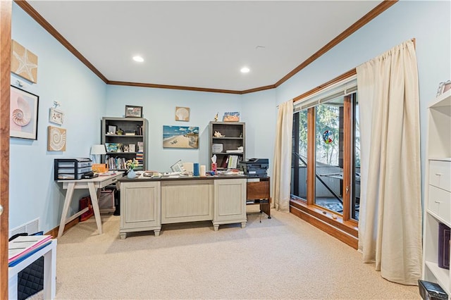 office with crown molding, recessed lighting, visible vents, and light carpet