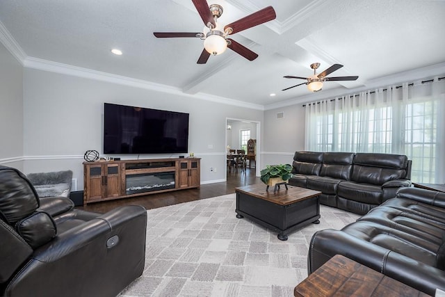 22330 Mclouth Rd, Mclouth, KS 66054 - living room with light wood-type flooring, crown molding, beam ceiling, and recessed lighting
