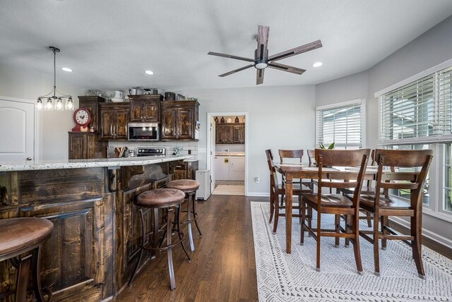 22330 Mclouth Rd, Mclouth, KS 66054 - dining room with a ceiling fan, recessed lighting, dark wood-style flooring, and baseboards
