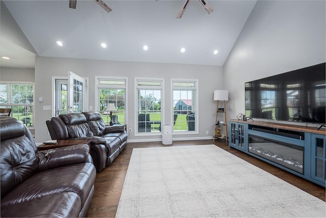 22330 Mclouth Rd, Mclouth, KS 66054 - living area featuring dark wood-style floors, recessed lighting, high vaulted ceiling, and baseboards