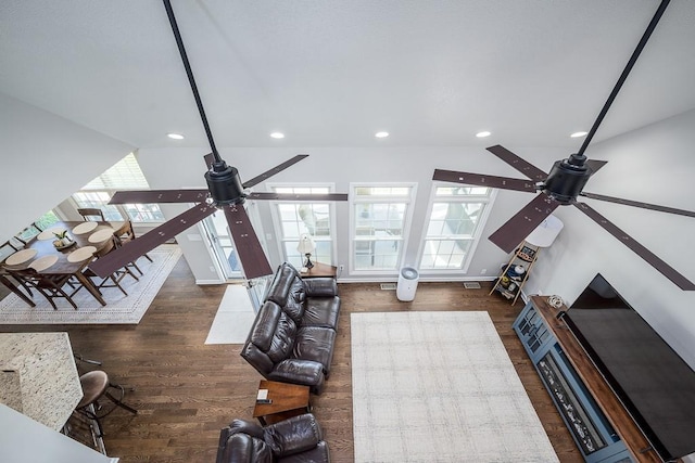 22330 Mclouth Rd, Mclouth, KS 66054 - unfurnished living room featuring ceiling fan, wood finished floors, and recessed lighting