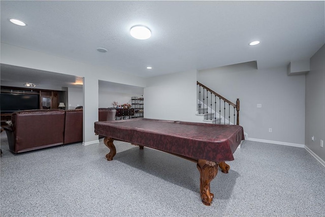 22330 Mclouth Rd, Mclouth, KS 66054 - recreation room with recessed lighting, pool table, baseboards, and speckled floor