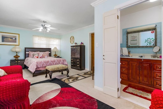 bedroom with crown molding, a ceiling fan, baseboards, and light carpet