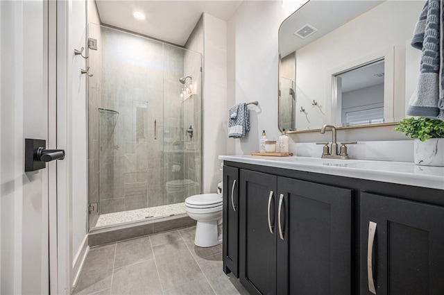 full bath with visible vents, toilet, a stall shower, tile patterned flooring, and vanity