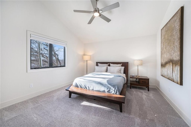 bedroom with ceiling fan, baseboards, carpet, and vaulted ceiling