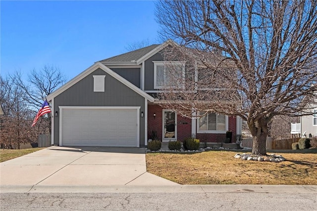 view of front of property featuring driveway, brick siding, an attached garage, fence, and a front yard