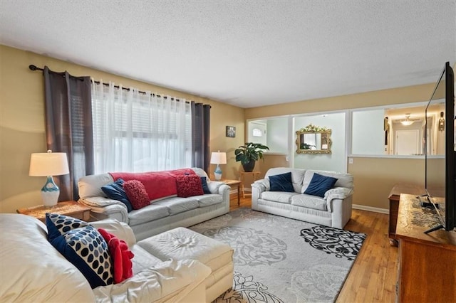 living area with a textured ceiling, baseboards, and wood finished floors