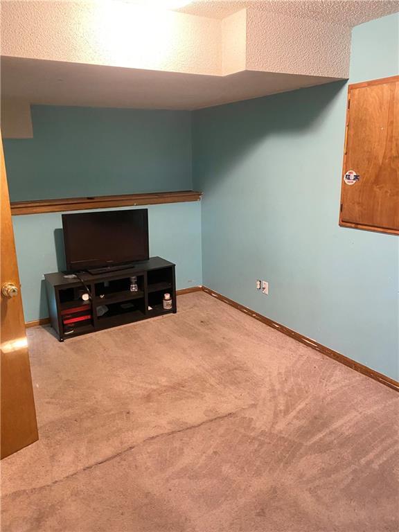 carpeted living room featuring a textured ceiling and baseboards