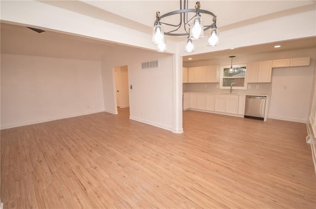 unfurnished living room featuring sink and light hardwood / wood-style flooring