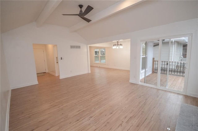 unfurnished living room with vaulted ceiling with beams, ceiling fan with notable chandelier, and light wood-type flooring