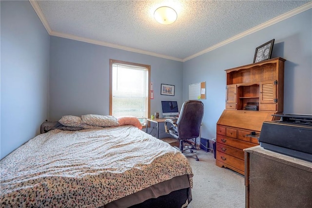 bedroom featuring light colored carpet, crown molding, and a textured ceiling