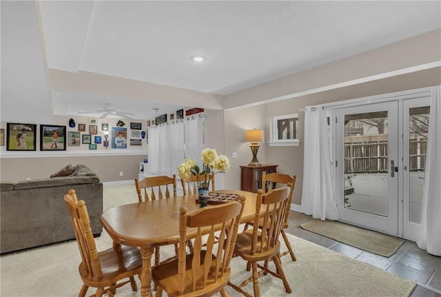 dining room featuring a ceiling fan, recessed lighting, and baseboards