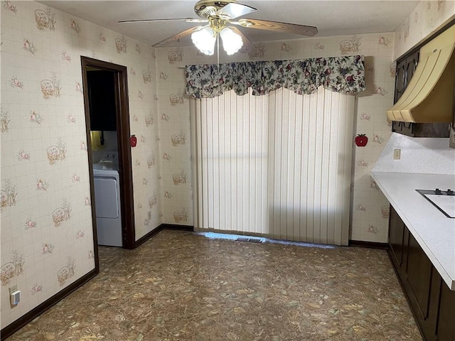 dining space featuring wallpapered walls, baseboards, ceiling fan, washer / clothes dryer, and tile patterned floors