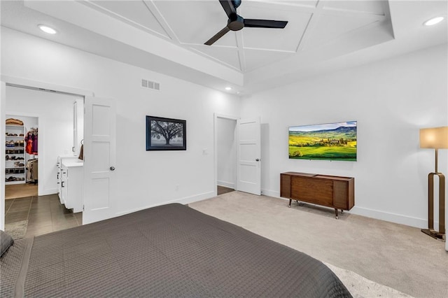 bedroom with coffered ceiling, carpet flooring, visible vents, and recessed lighting