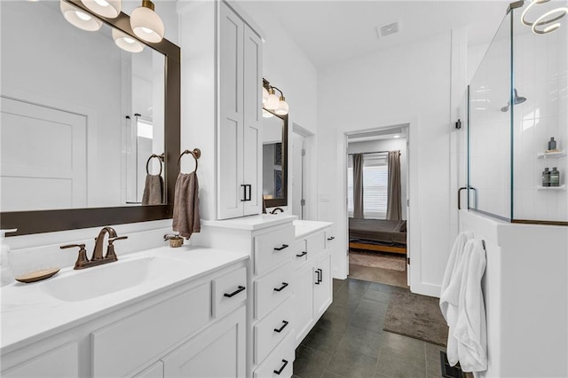 ensuite bathroom featuring visible vents, ensuite bath, vanity, and a shower stall