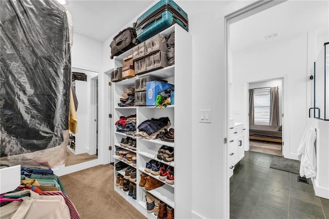 spacious closet with dark carpet