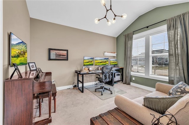 office area with lofted ceiling, light carpet, baseboards, and an inviting chandelier