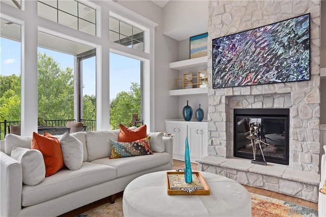 living room featuring a fireplace and wood finished floors