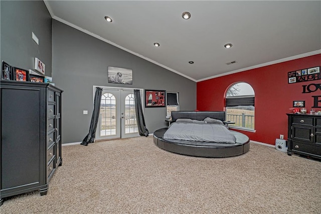 bedroom featuring multiple windows, carpet flooring, access to exterior, crown molding, and french doors