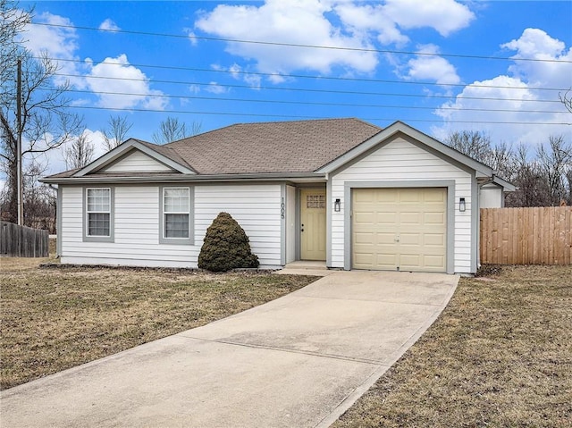 ranch-style home with a garage and a front yard