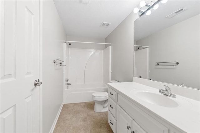 bathroom with tile patterned flooring, toilet, vanity, visible vents, and tub / shower combination