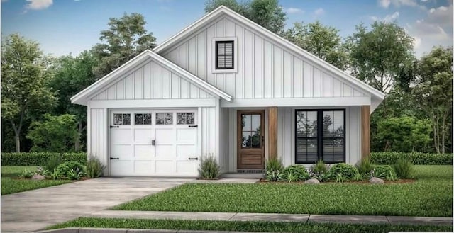 modern farmhouse style home with board and batten siding, a front lawn, driveway, and an attached garage