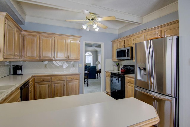 kitchen featuring beam ceiling, black appliances, decorative backsplash, ceiling fan, and ornamental molding