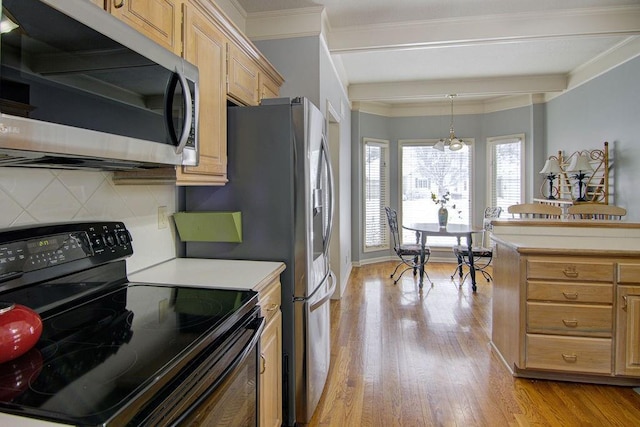 kitchen with pendant lighting, light hardwood / wood-style floors, black electric range oven, light brown cabinetry, and decorative backsplash