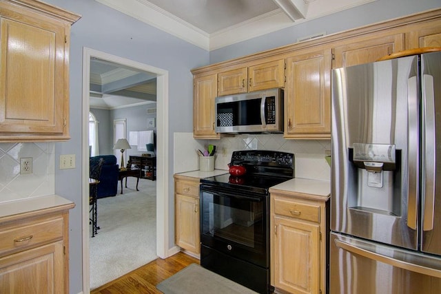 kitchen with light hardwood / wood-style floors, backsplash, ornamental molding, appliances with stainless steel finishes, and light brown cabinetry