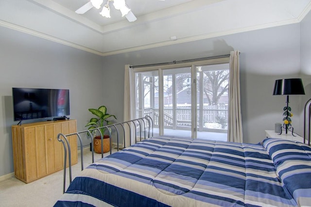 bedroom featuring ceiling fan, ornamental molding, carpet flooring, and access to exterior