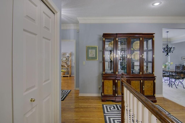 hall with ornamental molding, a chandelier, and light hardwood / wood-style floors