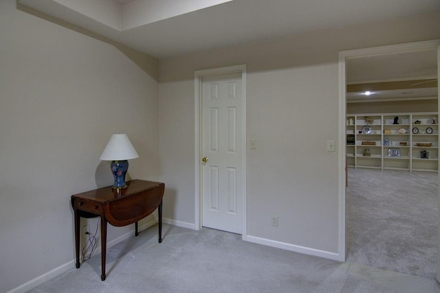 interior space featuring light carpet