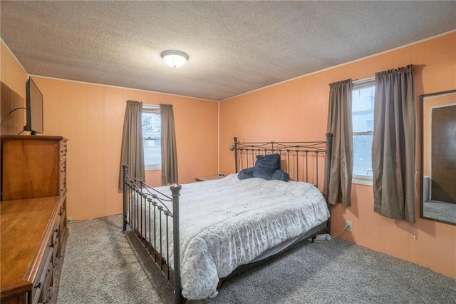 carpeted bedroom featuring multiple windows and a textured ceiling