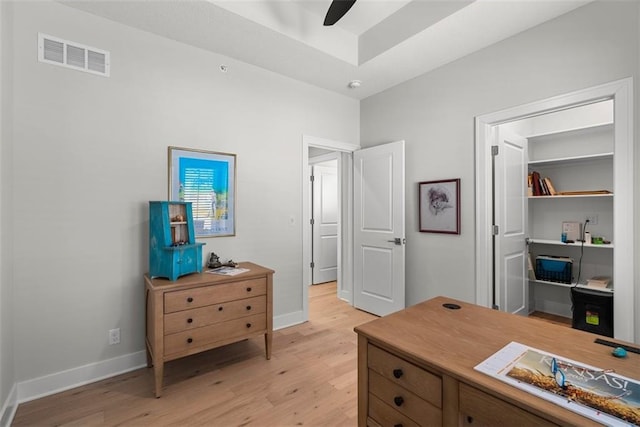 7209 Allman Dr, Shawnee, KS 66217 - office with light wood-style flooring, baseboards, and ceiling fan