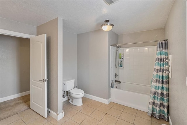 bathroom with shower / tub combo, toilet, tile patterned flooring, and a textured ceiling