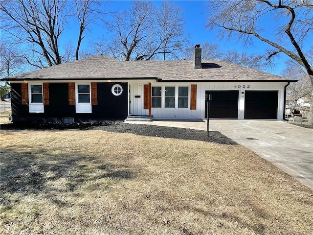 ranch-style home featuring an attached garage, a shingled roof, driveway, board and batten siding, and a chimney