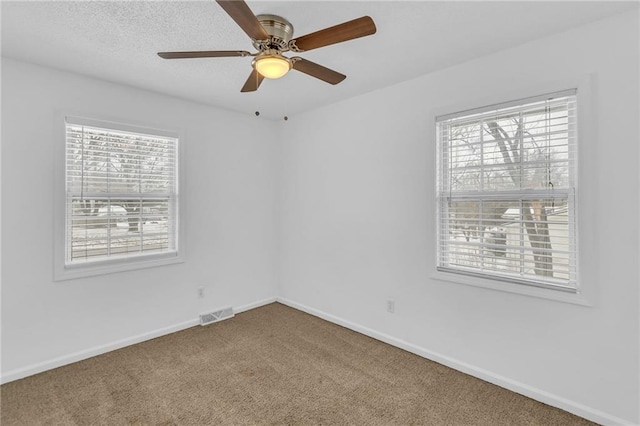 empty room featuring carpet, a wealth of natural light, a textured ceiling, and ceiling fan