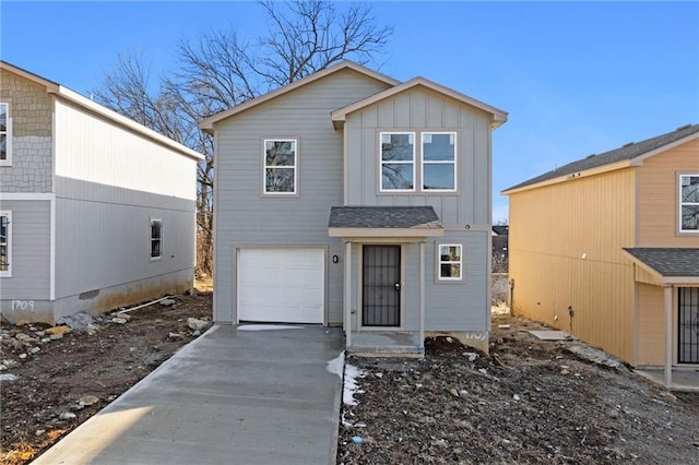 view of front of property with an attached garage, board and batten siding, and concrete driveway