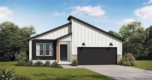 modern farmhouse style home featuring a garage and a front lawn