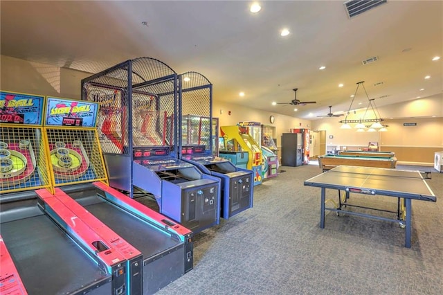 game room with carpet flooring, pool table, and ceiling fan